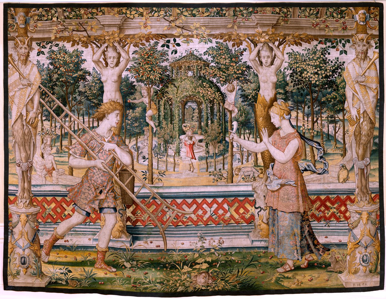 Flanderin kuvakudos. Sarja Vertumnus ja Pomona; Vertumnus muuttui puutarhuriksi (Vertumno transformado en jardinero). Sarjan viides kuvakudos. Pieter Coecke Van Aelstin ja Léonard Thiryn mallipiiri. Valmistus Tuntematon työpaja, Bryssel, befo tekijältä Pieter (circle of) Coecke van Aelst