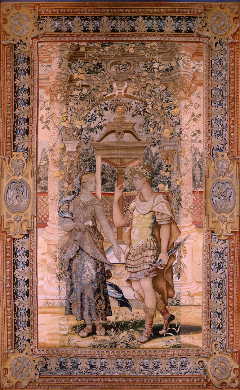 Flanderin kuvakudos. Sarjat Vertumnus ja Pomona. Vertumnus muuttui soturiksi. Sarjan neljäs kuvakudos. Pieter Coecke van Aelstin mallipiiri. Valmistus Wilhelm Pannemaker, Bryssel. Ca1545-1550. Kangas Kulta, hopea, silkki ja villa. Koko 425 tekijältä Pieter (circle of) Coecke van Aelst