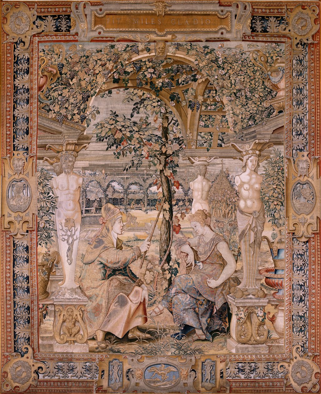 Flanderin kuvakudos. Sarjat Vertumnus ja Pomona. Vertumnus muuttui vanhaksi naiseksi. Vertumnus muuttui vanhaksi naiseksi. Sarjan kuudes kuvakudos. Pieter Coecke van Aelstin mallipiiri. Valmistus Wilhelm Pannemaker, Bryssel. Ca1545-1550. F tekijältä Pieter (circle of) Coecke van Aelst