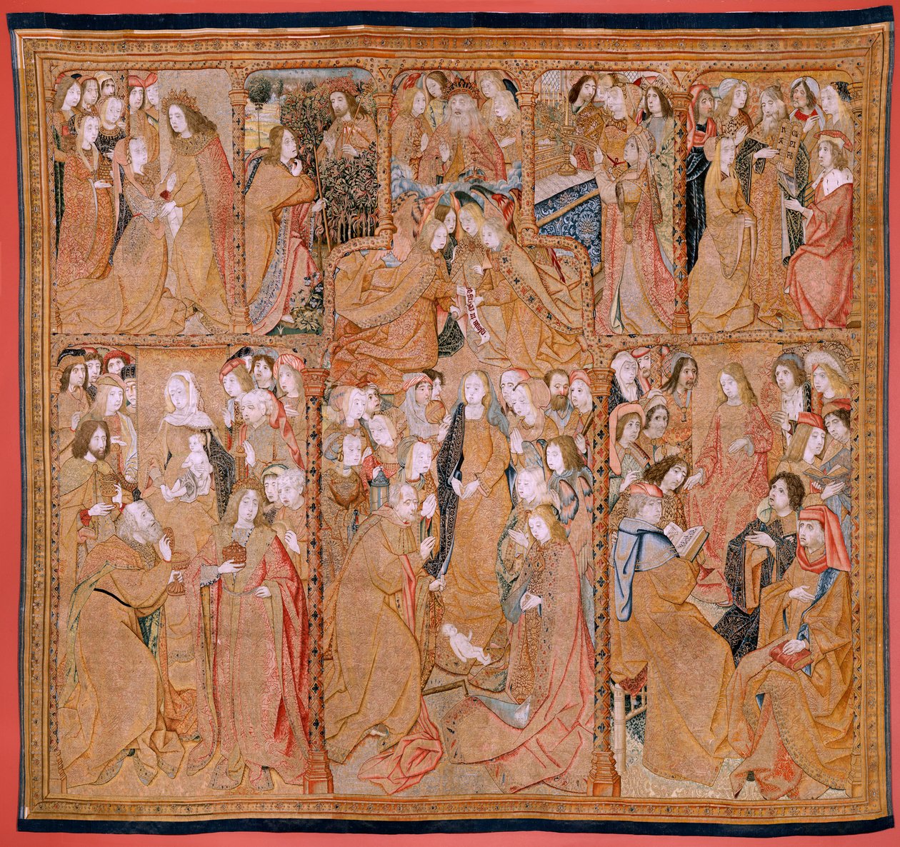 Flanderin kuvakudos. Sarja Triumphs of the Mother tai Paños de Oro. Kristuksen syntymä (Nacimiento de Cristo). Sarjan kolmas kuvakudos. Malli Colin de Cooter (?). Valmistus Pieter van Aelst (tai van Edingen), Bryssel. Noin 1500-1502. Kangas Kulta, hopea, s tekijältä Pieter (studio of) Coecke van Aelst