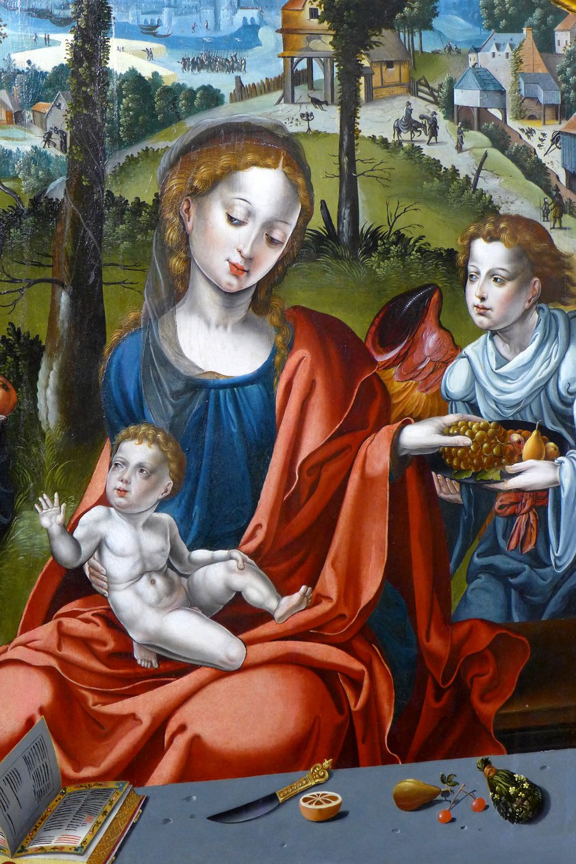 Maria, Jeesus-lapsi ja enkeli. Yksityiskohta Pyhän perheen triptyykistä tekijältä Pieter (studio of) Coecke van Aelst