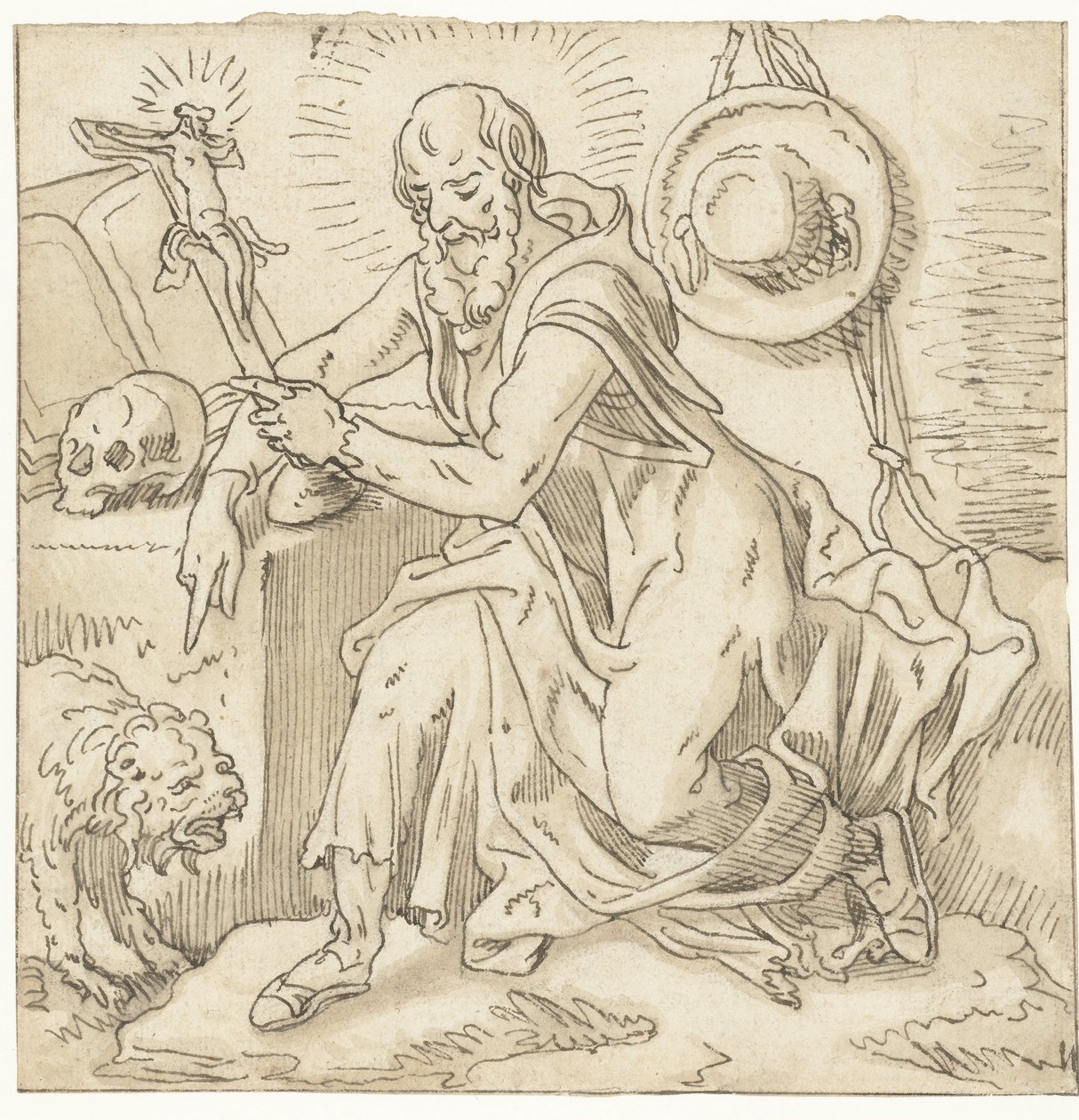Pyhä Hieronymus istuu krusifiksin, kirjan ja kallon vieressä tekijältä Pieter Aertsen (workshop of)