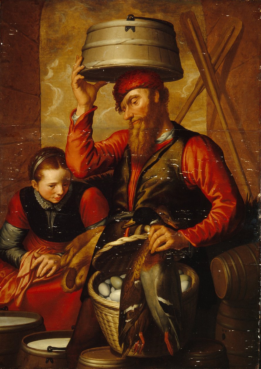 Siipikarjan myyjä (kanojen myyjä). Pari talonpoikaa perinteisessä asussa, valmistelee munakorinsa ja tavaransa markkinoille. Pieter Aertsenin (1508-1575) maalaus, öljy puulle tekijältä Pieter Aertsen