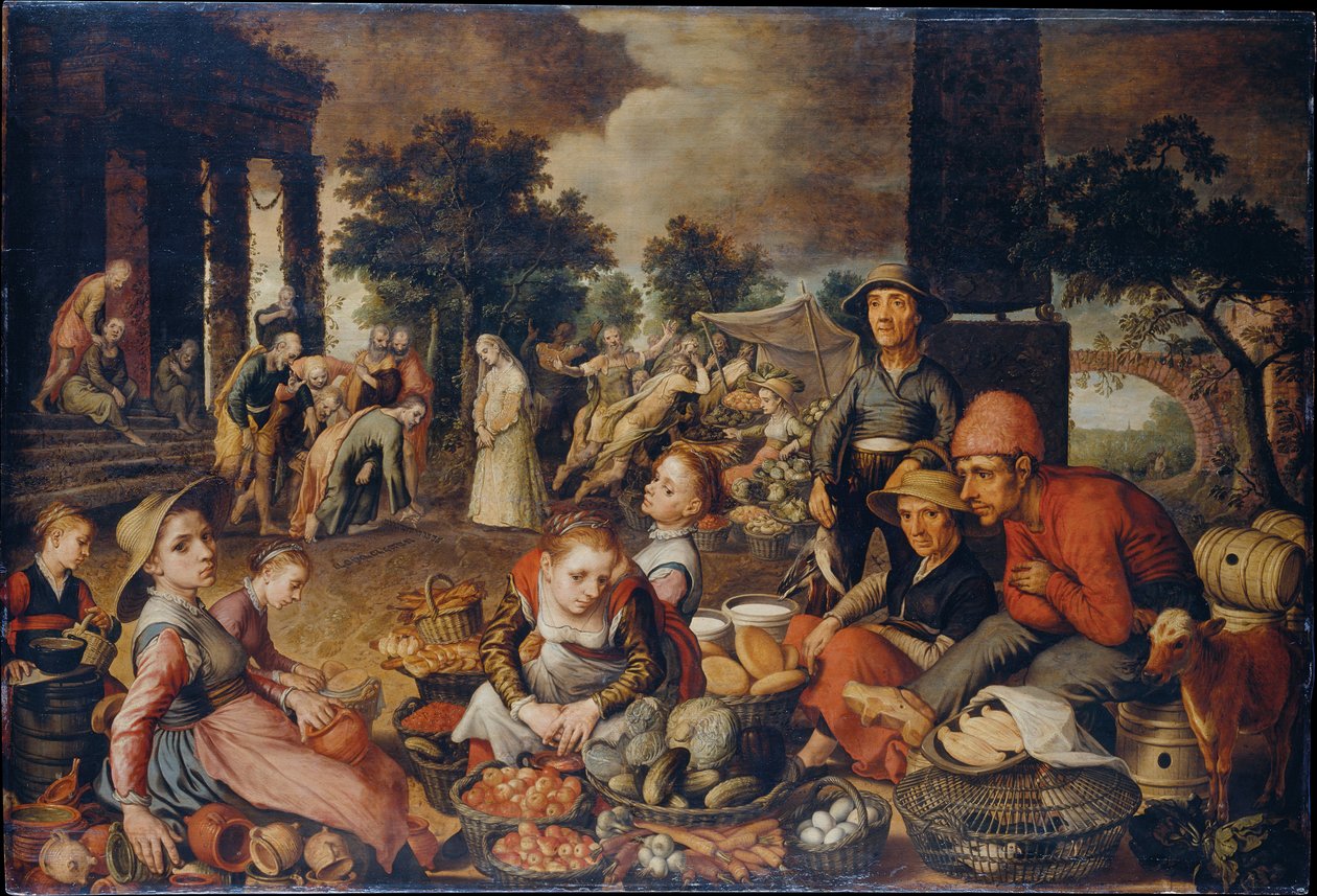Markkinanäkymä, jossa Kristus ja avionrikkojanainen tekijältä Pieter Aertsen