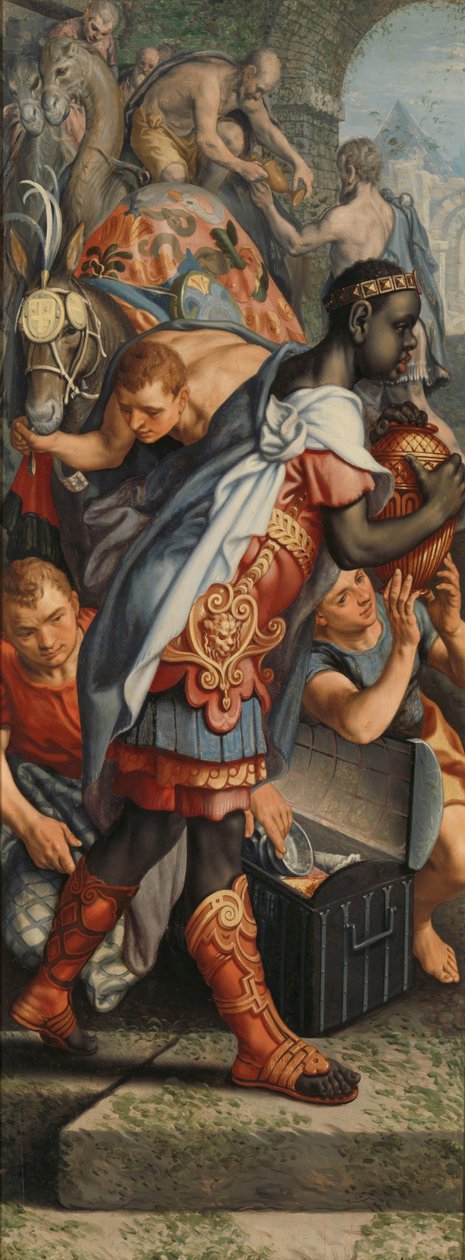 Alttaritaulun siipi, jossa on tieteiden palvonta, kääntöpuolella esitys temppelissä tekijältä Pieter Aertsen
