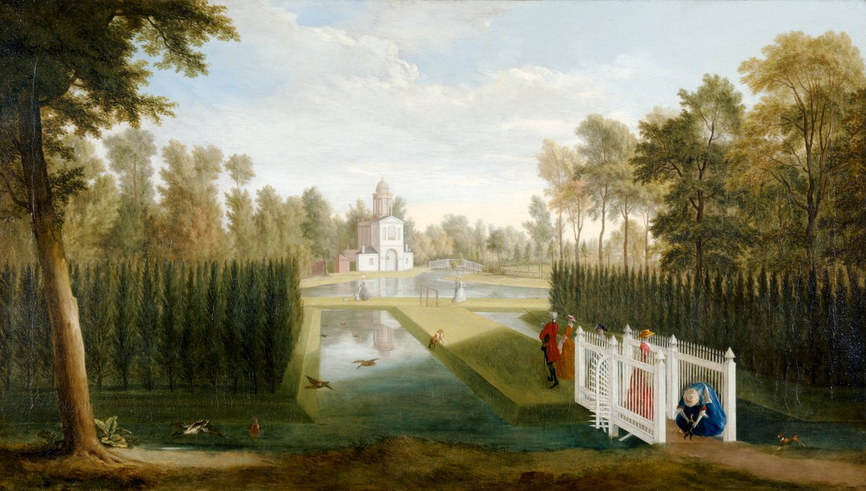 Näkymä Chiswick Gardensista Bagnio (Cascina) Chiswick Housen takaosaan (öljy kankaalle) tekijältä Pieter Andreas Rysbrack