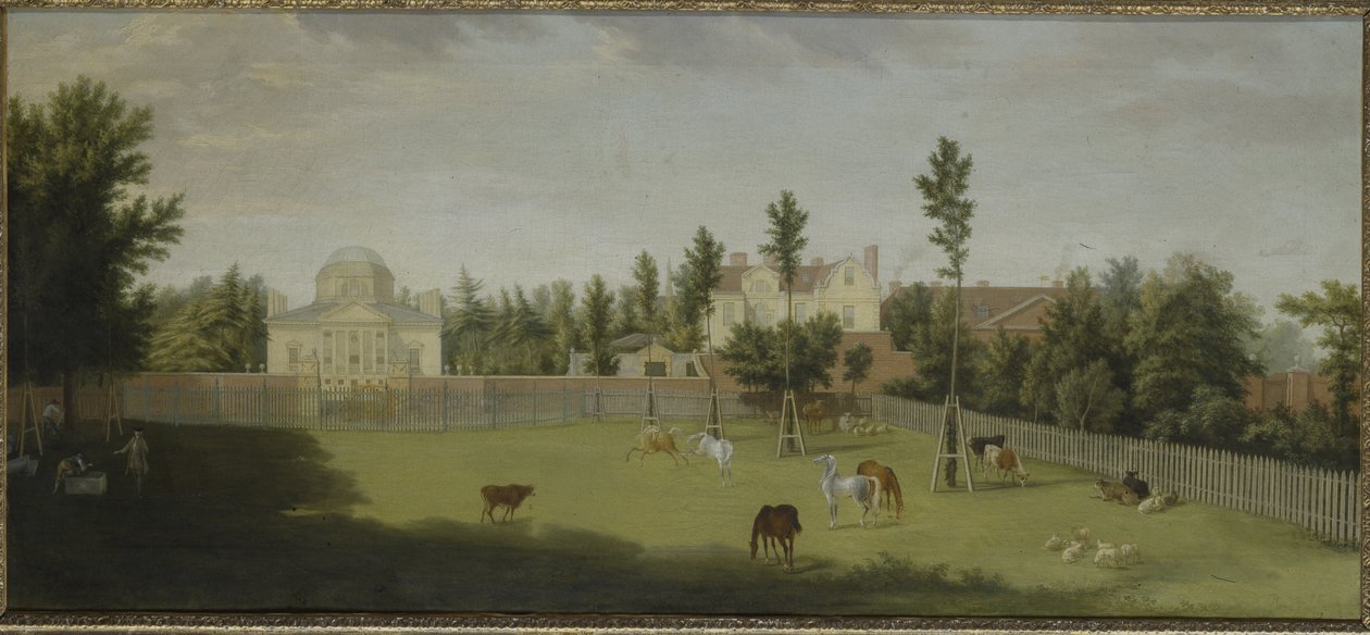 Näkymä uuteen huvilaan, vanhaan taloon ja talliin Burlington Lanen toiselta puolelta, Chiswick Villa (öljy kankaalle) tekijältä Pieter Andreas Rysbrack