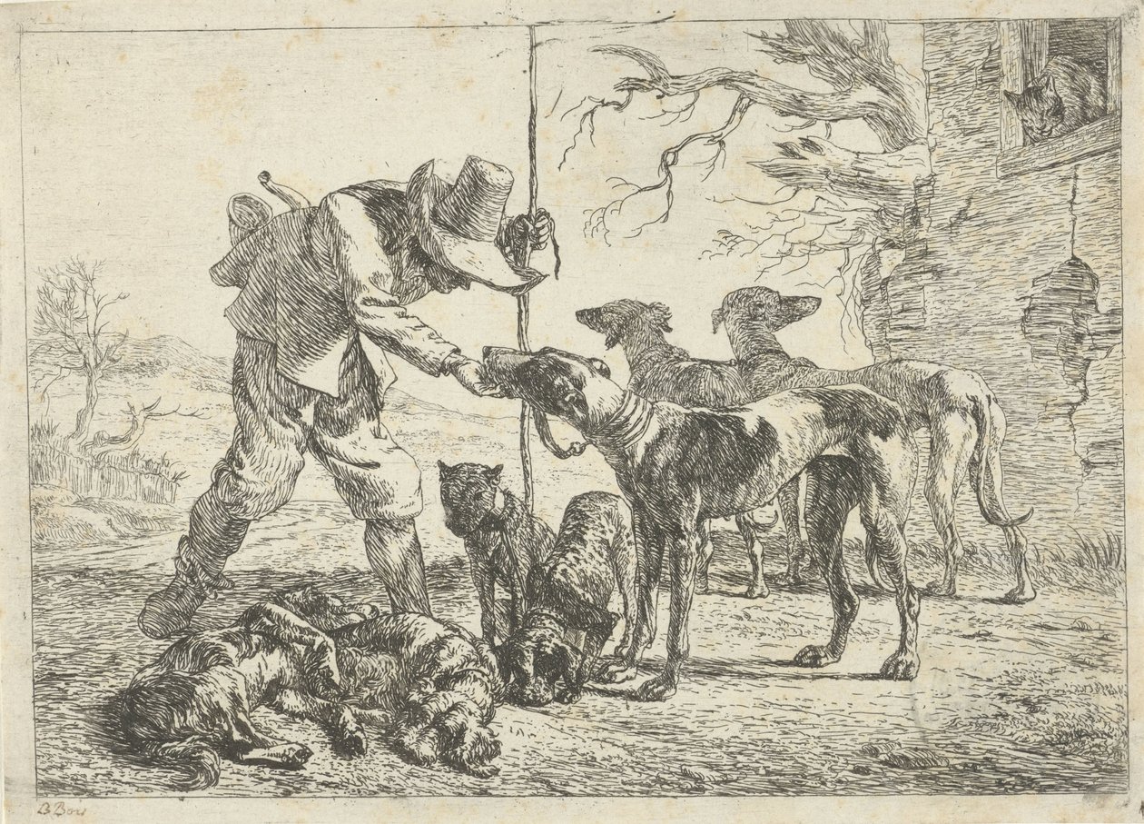 Caçador amb set gossos Diferents animals (títol de la sèrie) acabat tekijältä Pieter Bodding van Laer