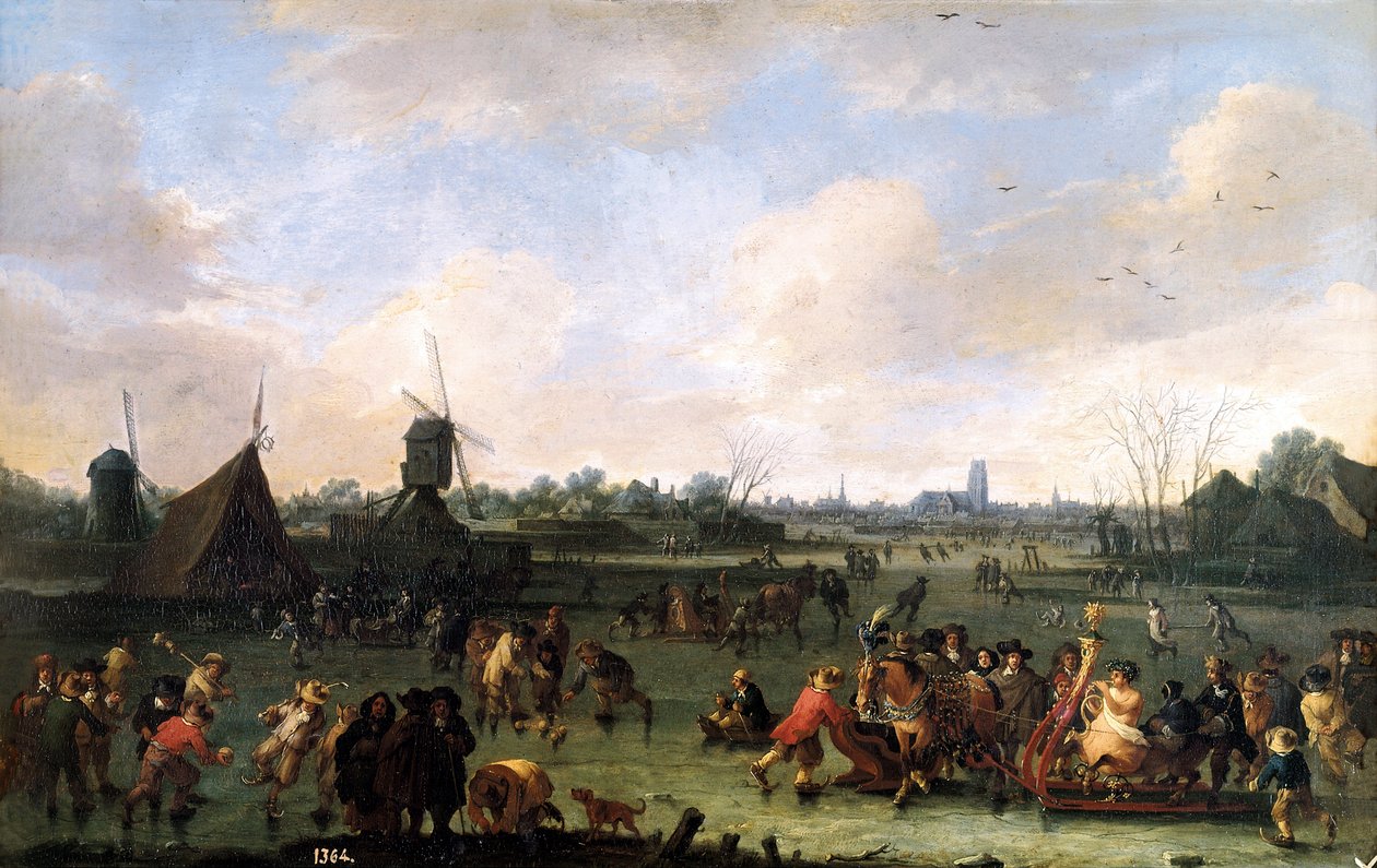 Luistelijat. Pieter Boutin (1658-1702) maalaus. Öljy puulle tekijältä Pieter Bouts