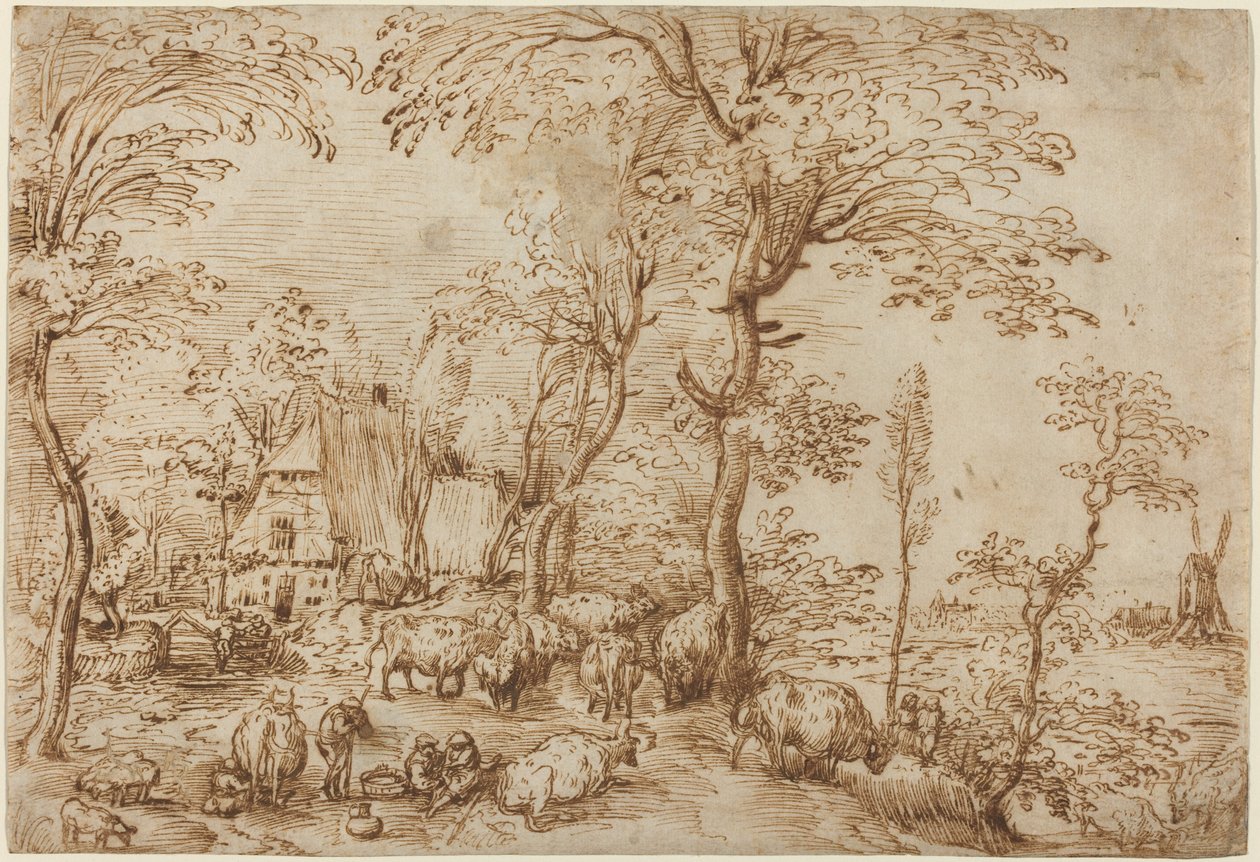 Talonpojat ja karja maalaistalon lähellä tekijältä Pieter Bruegel the Elder