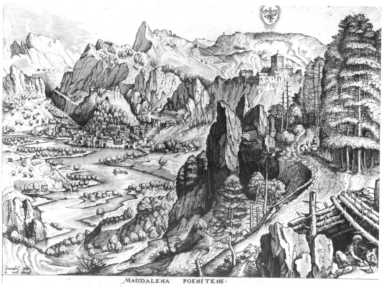 Katuva Magdaleena, kaiverrus Hieronymus Bosch (n. 1510-70) c. 1555-57 tekijältä Pieter Bruegel the Elder