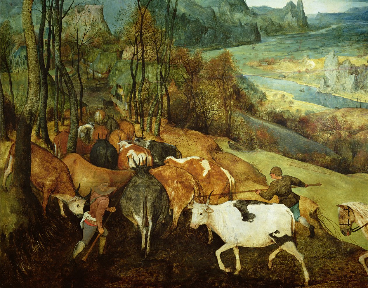 The Return of the Herd Autumn 1565 öljy paneelin yksityiskohdat 186444 ja 556 tekijältä Pieter Bruegel the Elder