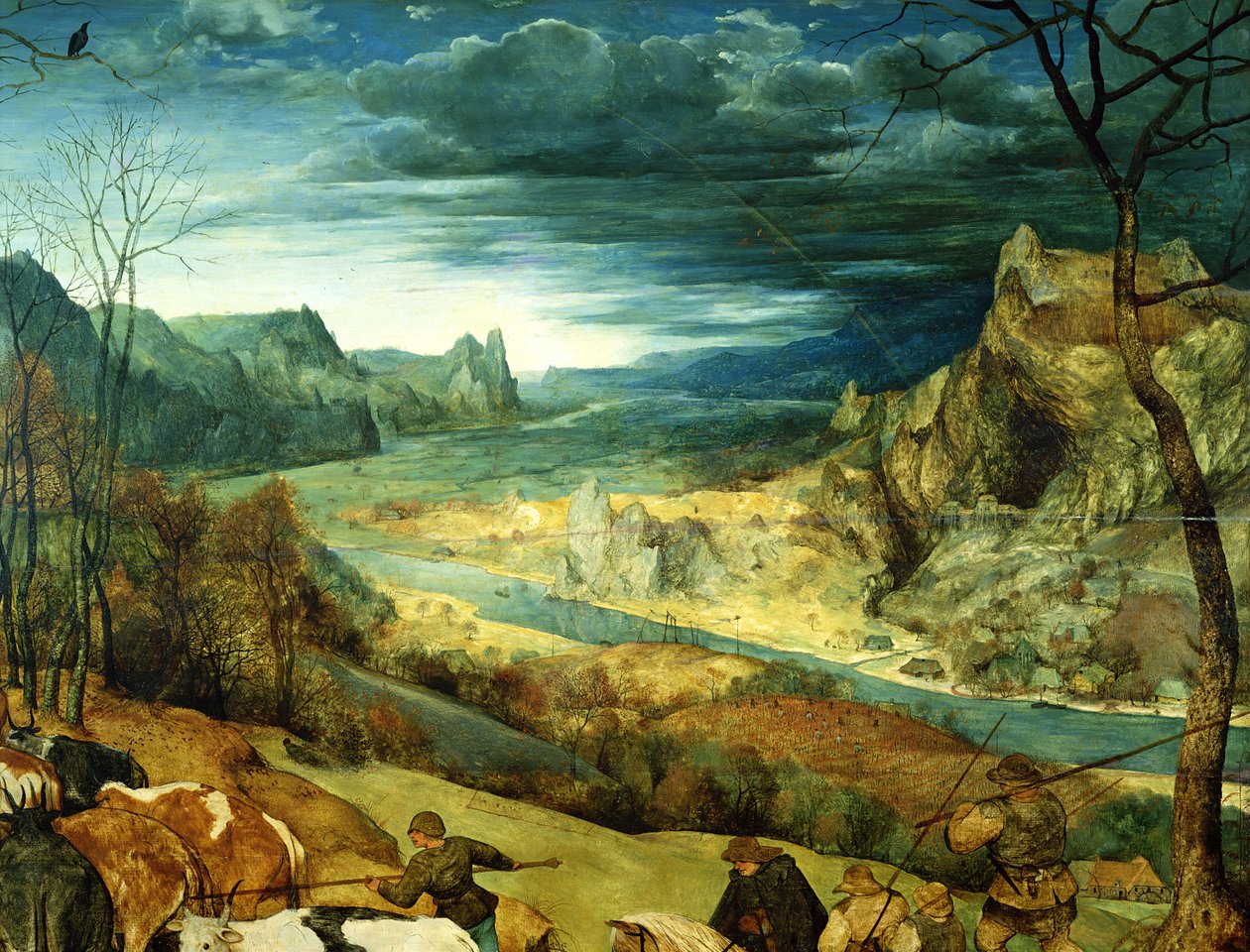 The Return of the Herd Atumn, 1565 öljypaneelin yksityiskohta numerosta 556 tekijältä Pieter Bruegel the Elder