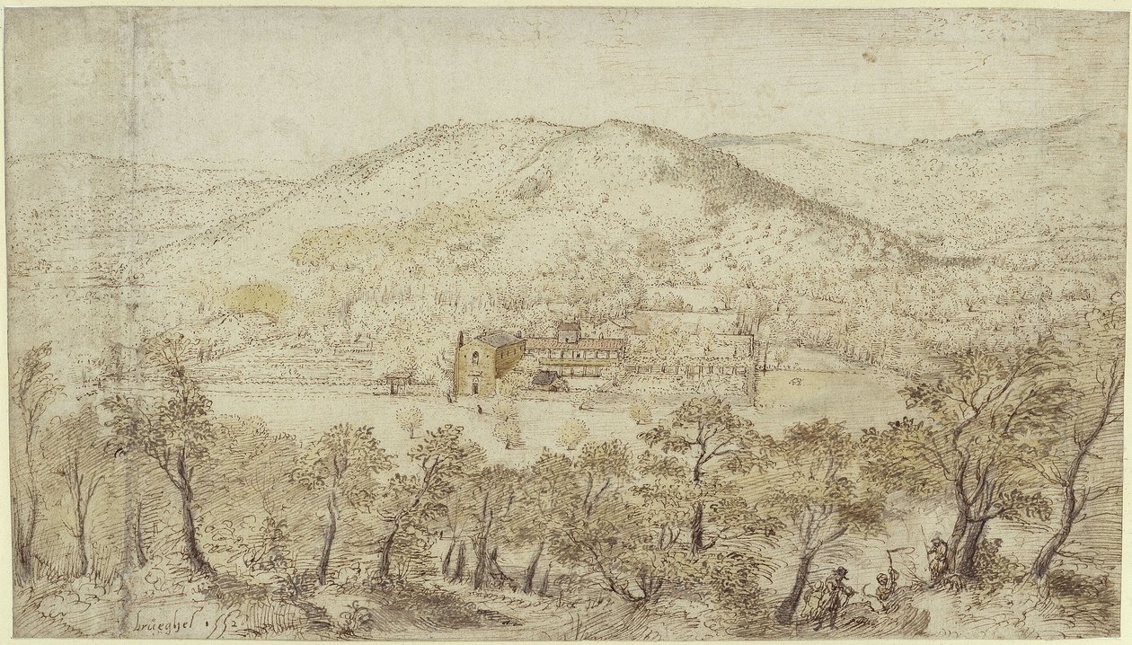 Eteläinen mäkinen maisema luostarirakennuksineen tekijältä Pieter Brueghel the Elder