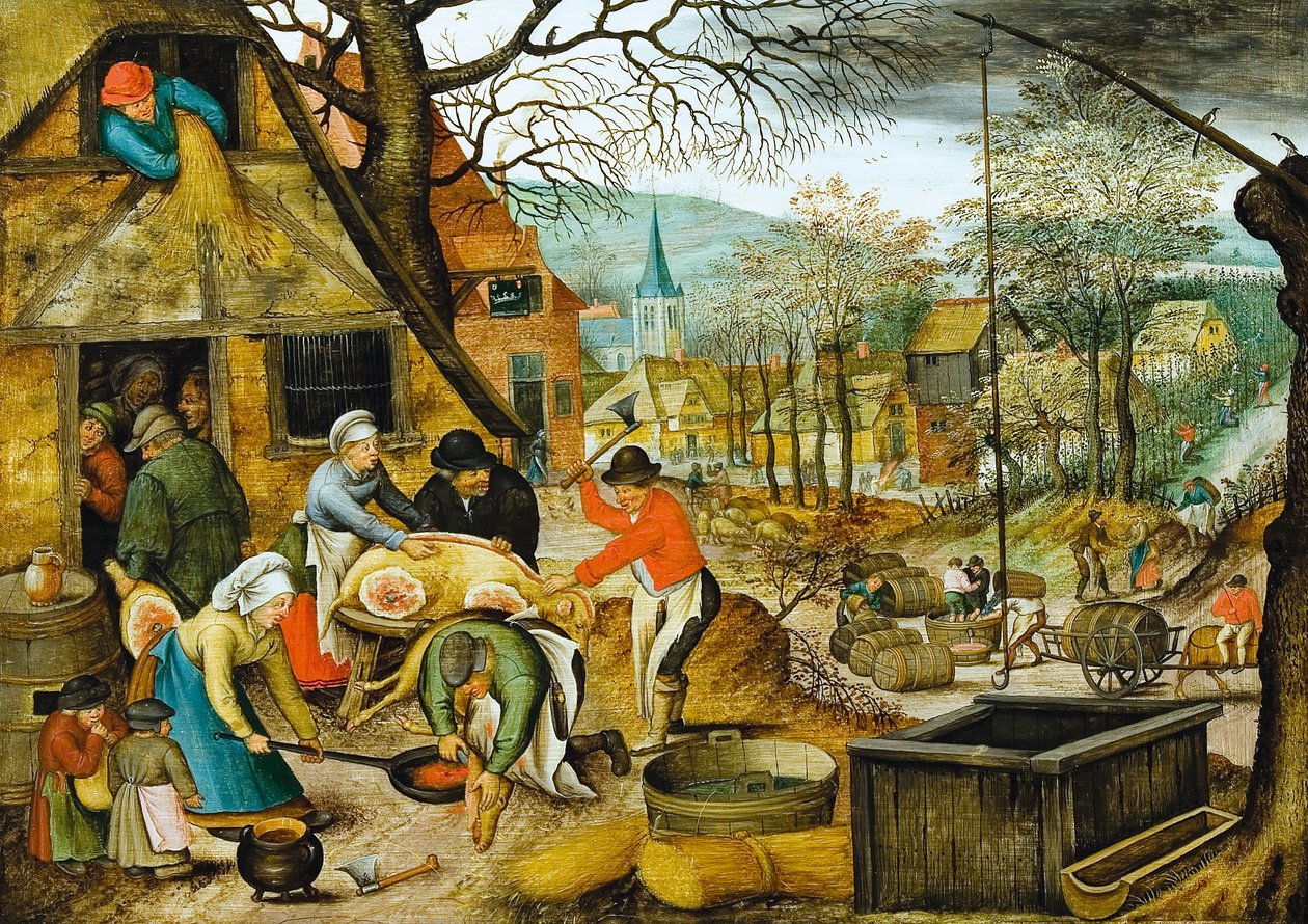 Syksy (teurastus ja viinirypäleiden puristaminen) tekijältä Pieter Brueghel the Younger