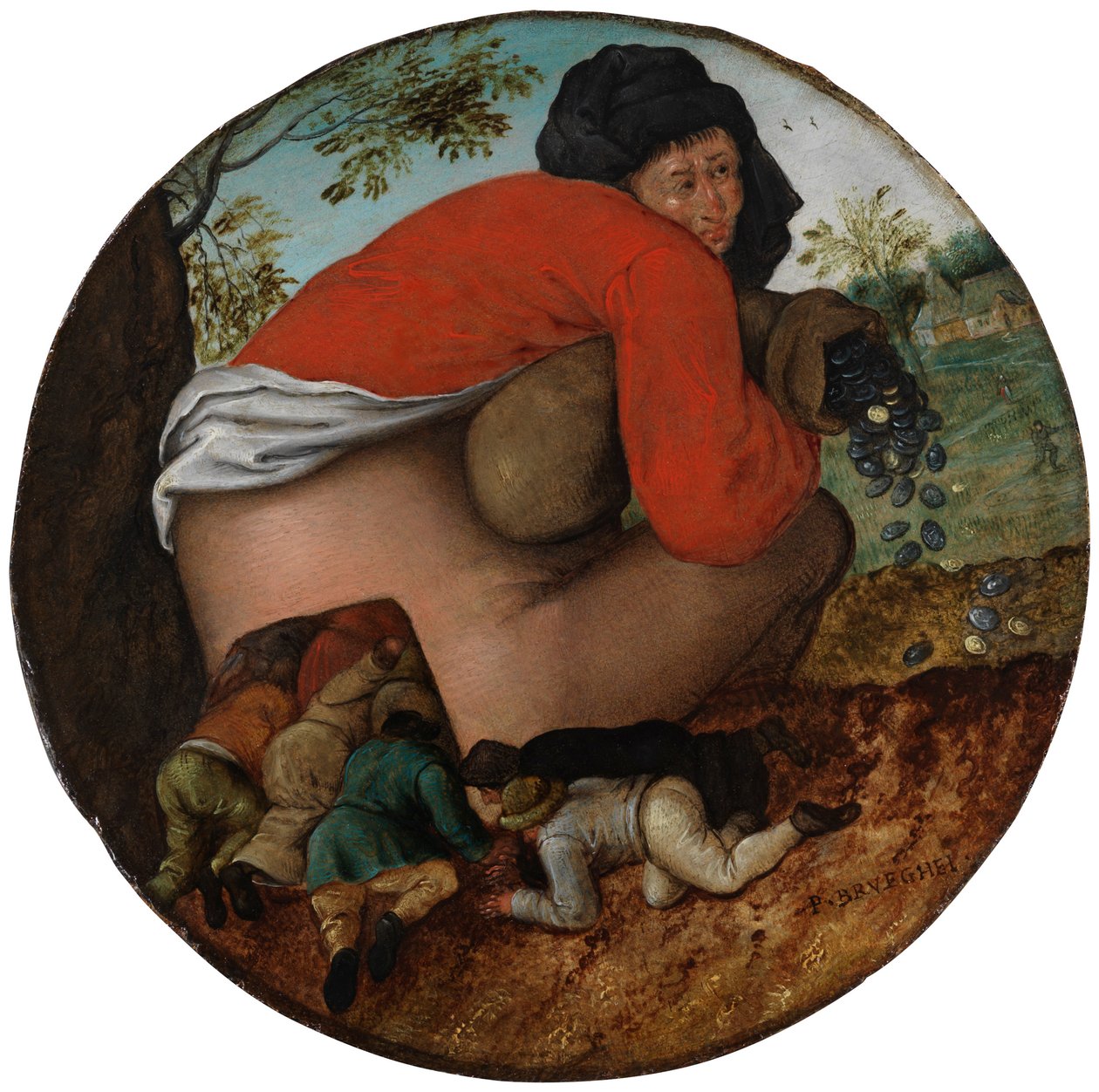 Mies rahapussin kanssa ja imartelijat tekijältä Pieter Brueghel the Younger