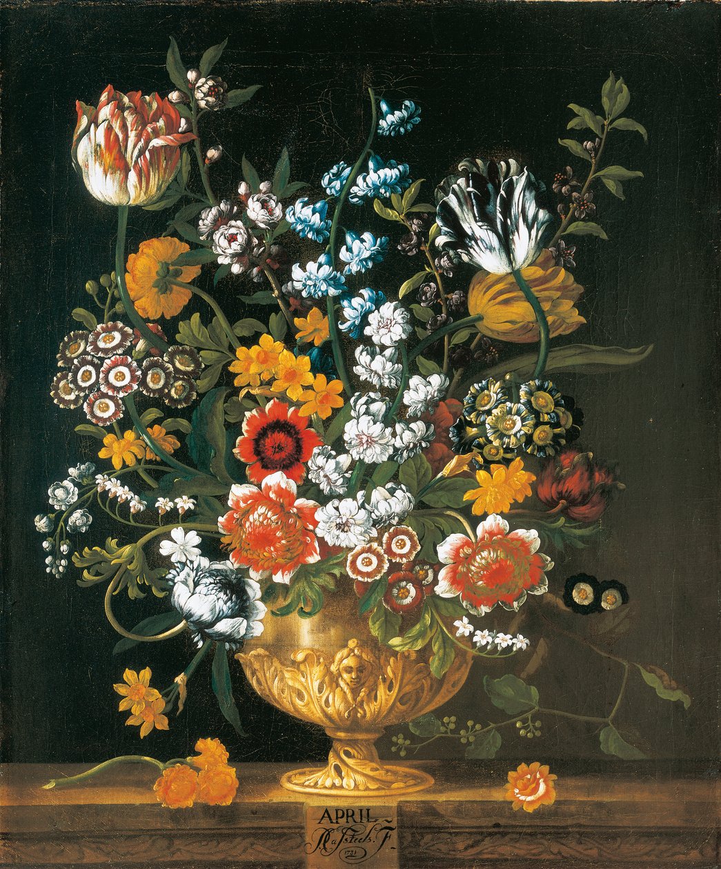 Huhtikuuta The Twelve Monthve of Flowersista, asetelmien kukkakalenterista tekijältä Pieter Casteels