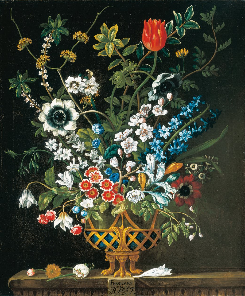 Helmikuuta, The Twelve Monthve of Flowersista, asetelmien kukkakalenterista tekijältä Pieter Casteels