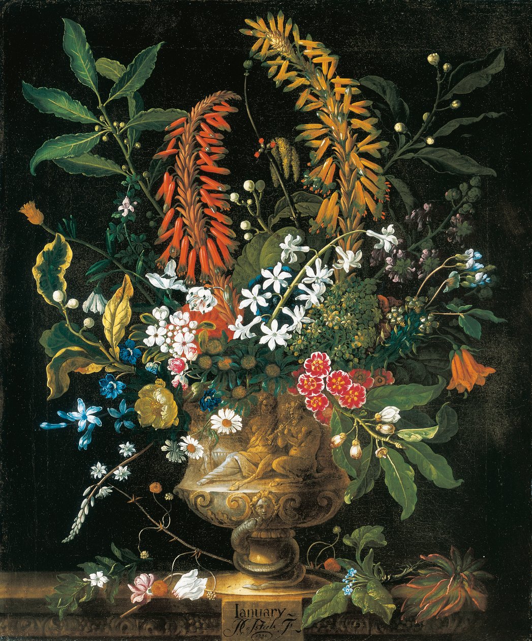 tammikuuta, The Twelve Months of Flowersista, asetelmien kukkakalenterista tekijältä Pieter Casteels