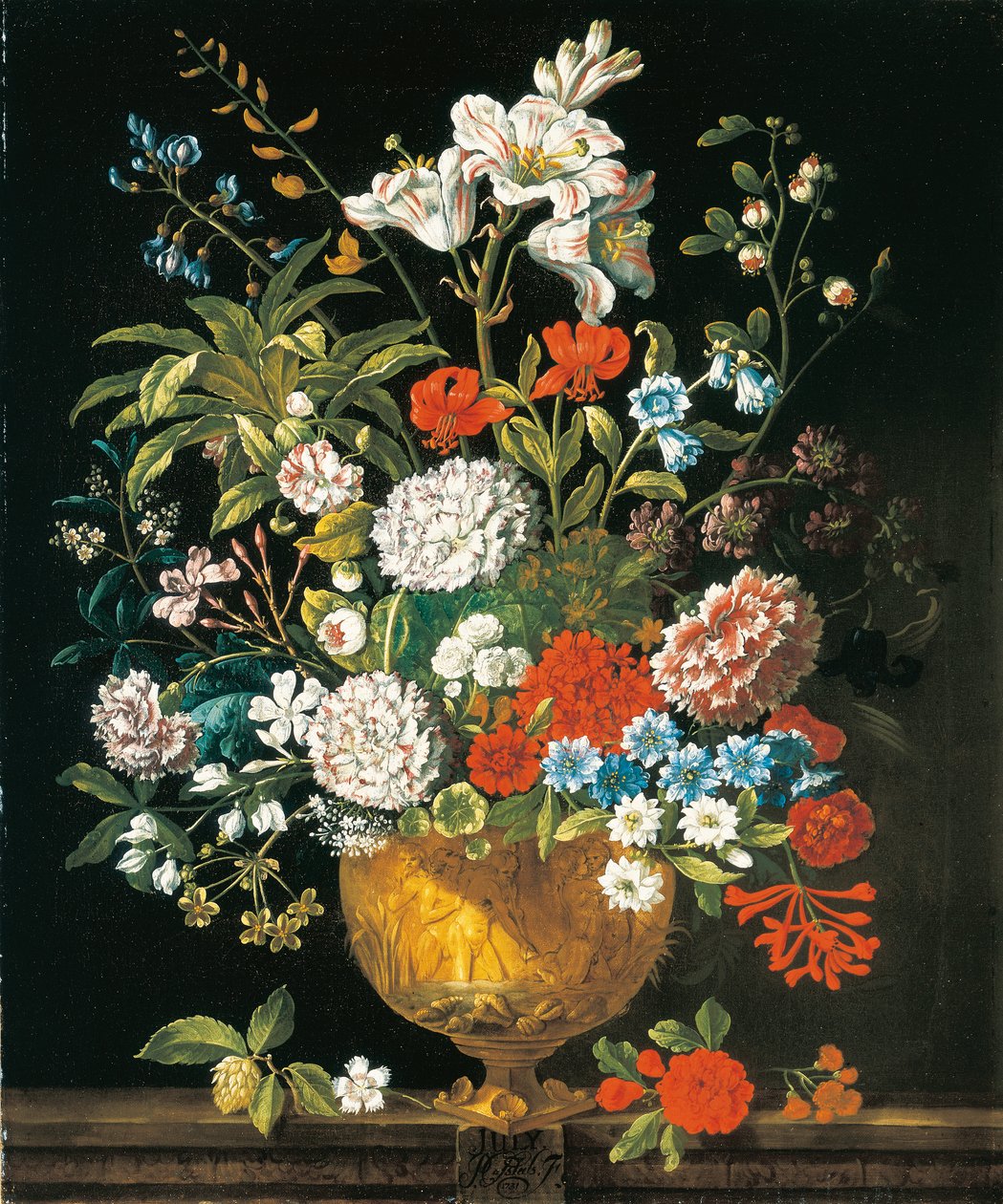 heinäkuuta, The Twelve Monthve of Flowers -kukkikalenterista asetelmia tekijältä Pieter Casteels