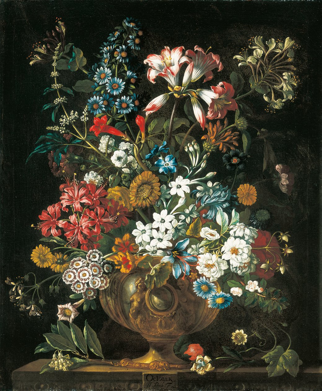 lokakuuta The Twelve Monthve of Flowersista, asetelmien kukkakalenterista tekijältä Pieter Casteels