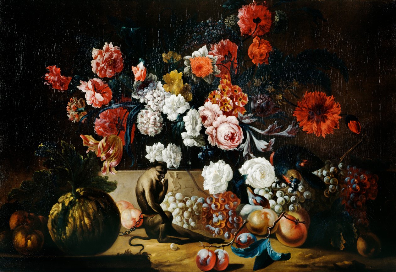 "Asetelma apinan kanssa", 1700-luku tekijältä Pieter Casteels