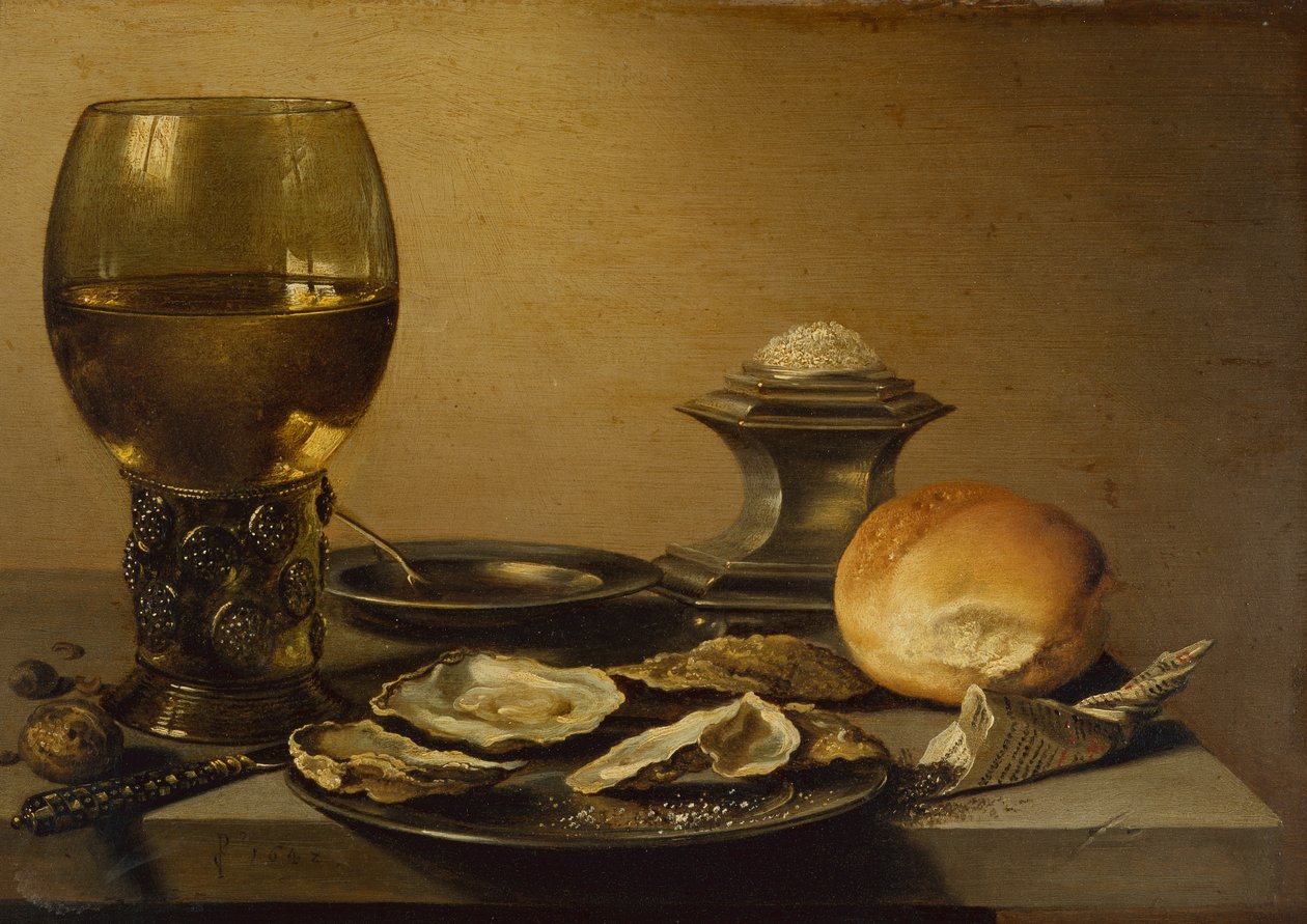 Aamiaisasetelma ostereista, suolaleivästä ja pähkinöistä (öljy) tekijältä Pieter Claesz
