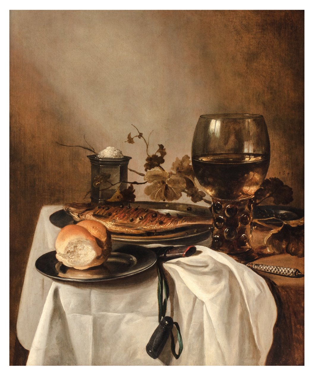 Rulla, silli, hopea suolakellari, suuri roemer ja veitsi päällystetyllä pöydällä, n. 1644 (öljy paneelissa) tekijältä Pieter Claesz