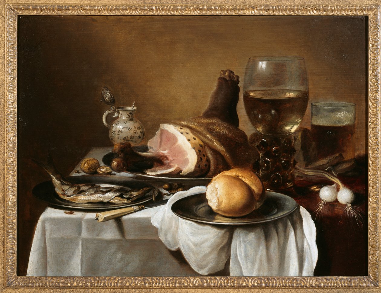 Aamiaispala, n. 1640 (öljy paneelille) tekijältä Pieter Claesz