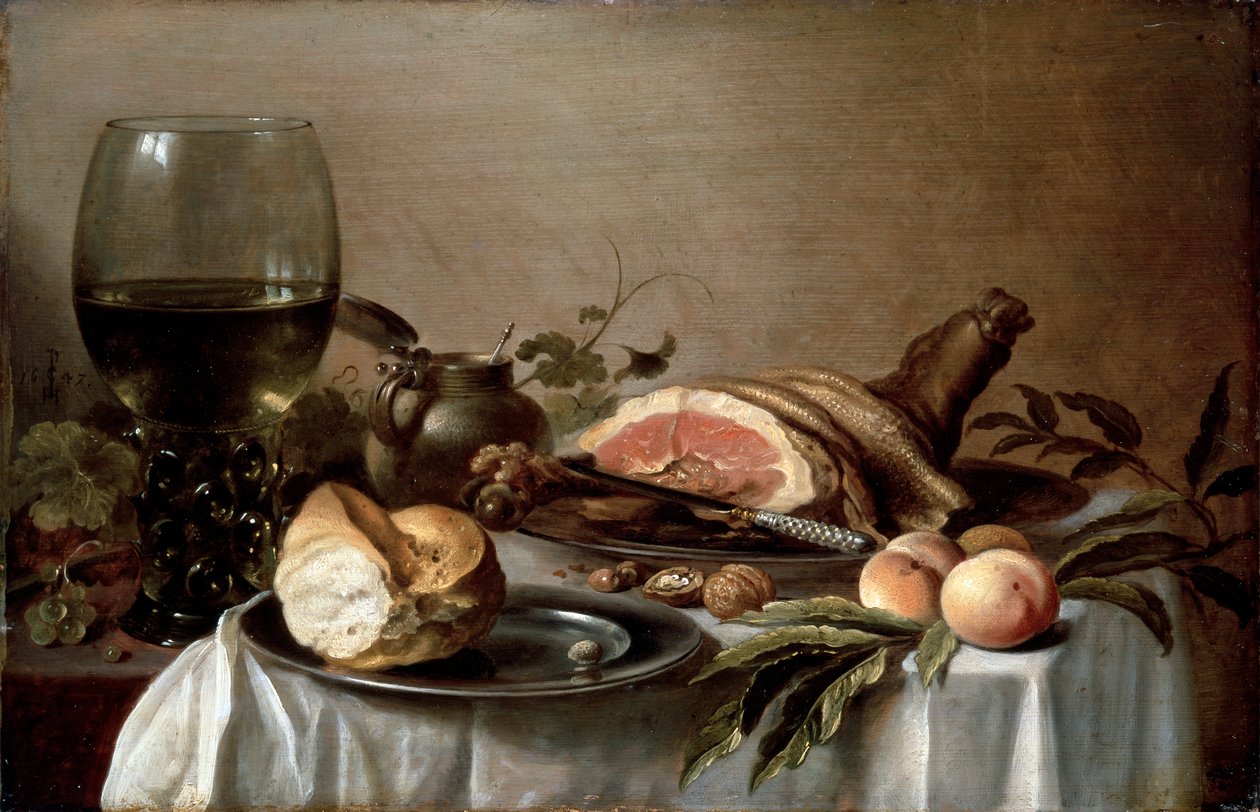 Aamiainen kinkun kanssa, 1647. tekijältä Pieter Claesz