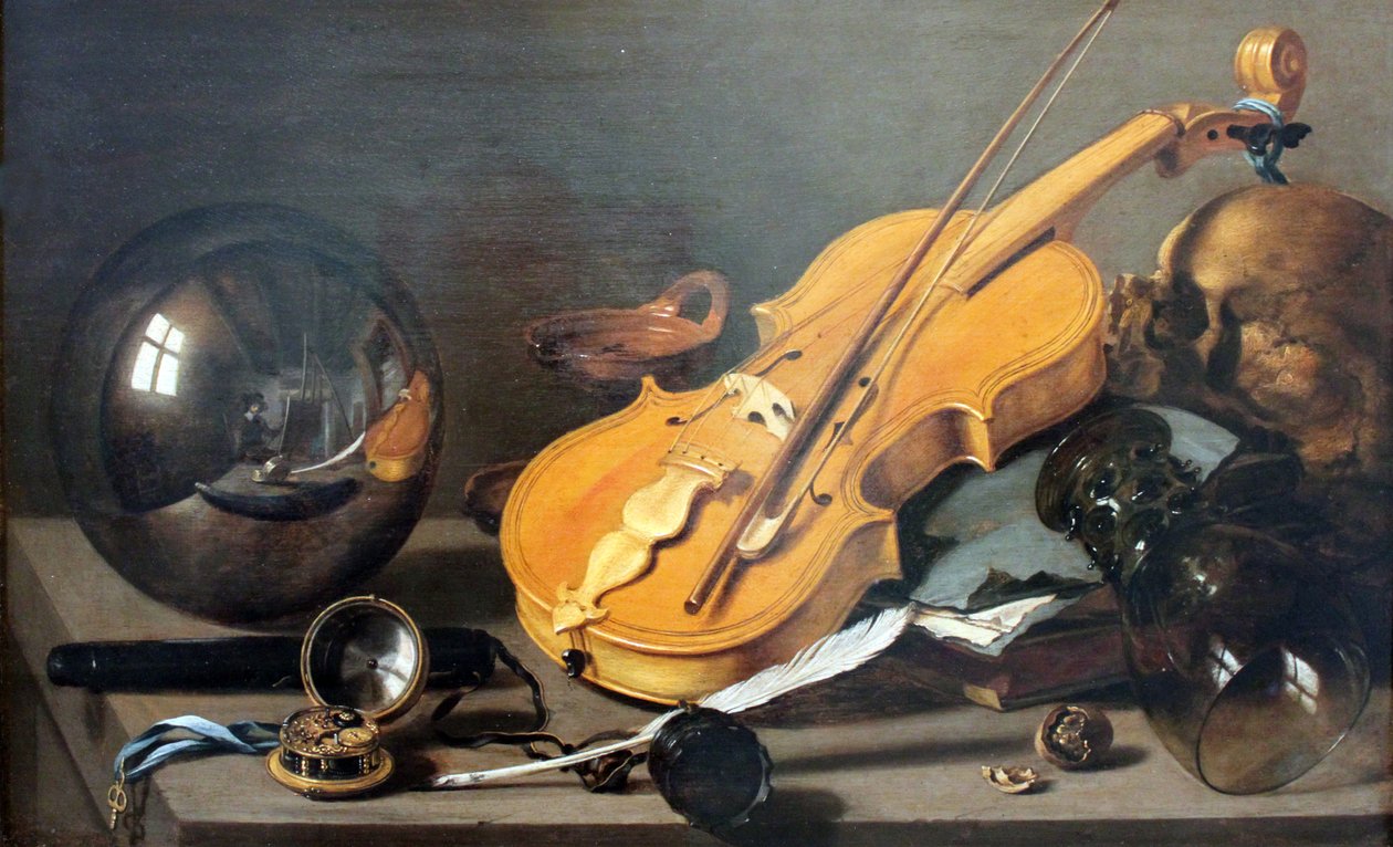 Saksa: Vanitas-Stillleben mit Selbstbildnis Vanitas Still Life with Self-Portrait (Vanitas-tilannekuva omakuvalla) tekijältä Pieter Claesz
