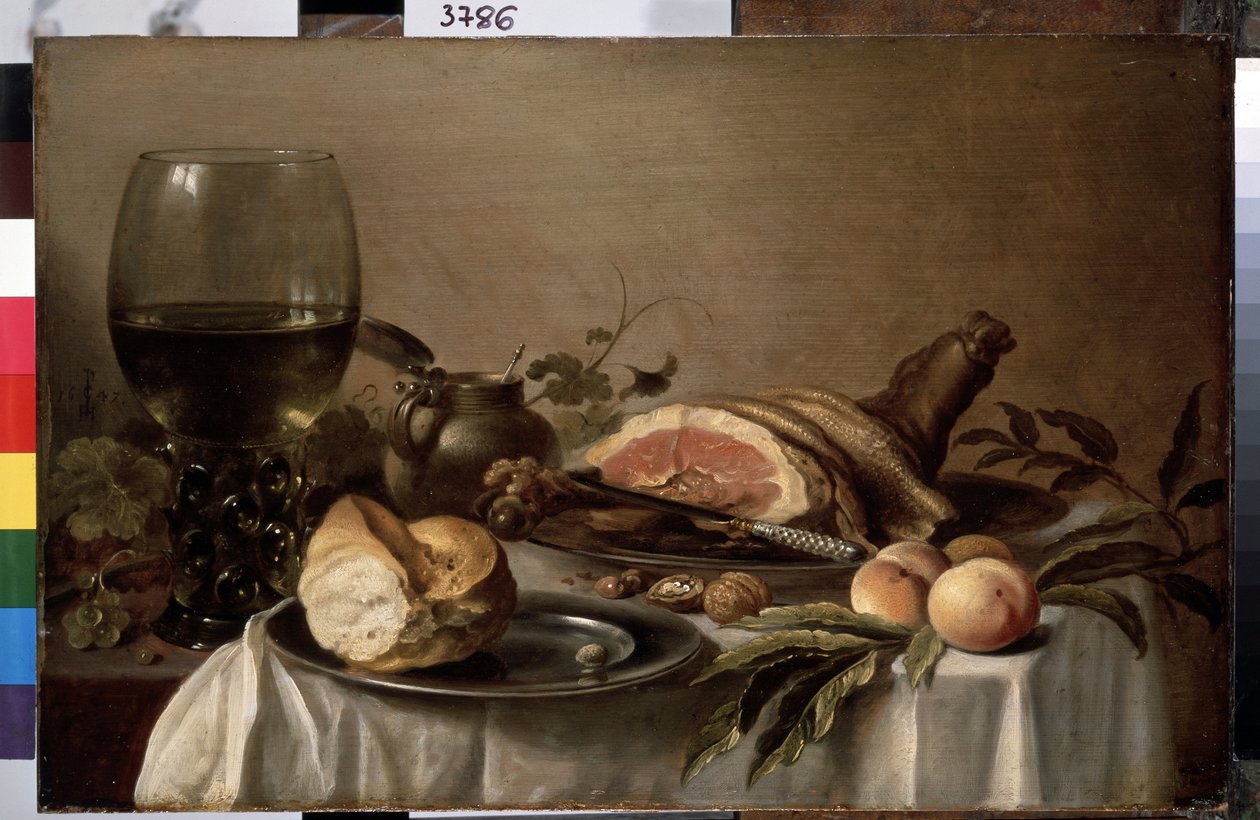 ""Aamiaisen asetelma kinkun, leivän, persikoiden ja pähkinöiden kanssa"" (Aamiainen kinkulla) Pieter Claeszin maalaus (noin 1597-1660) 1647 Koko 40x61 cm Pietari, Eremitaašimuseo tekijältä Pieter Claesz