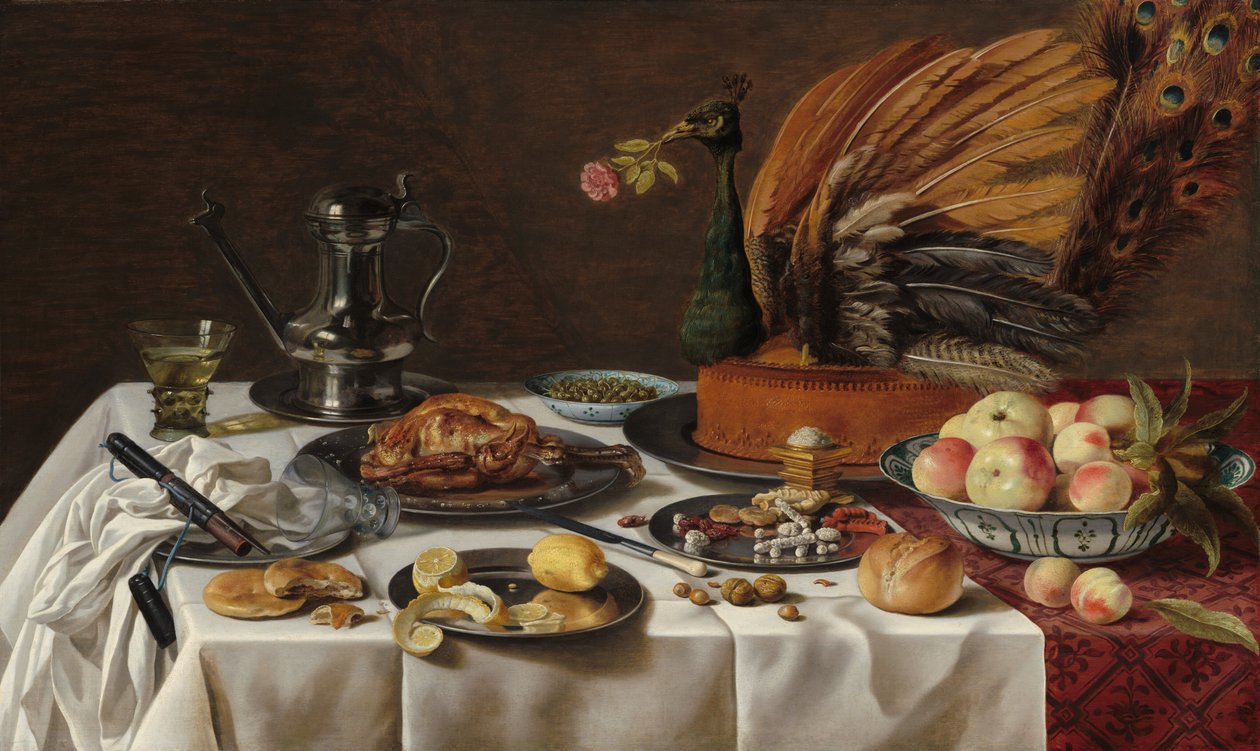 Asetelma riikinkukkopiirakan kanssa, 1627. tekijältä Pieter Claesz