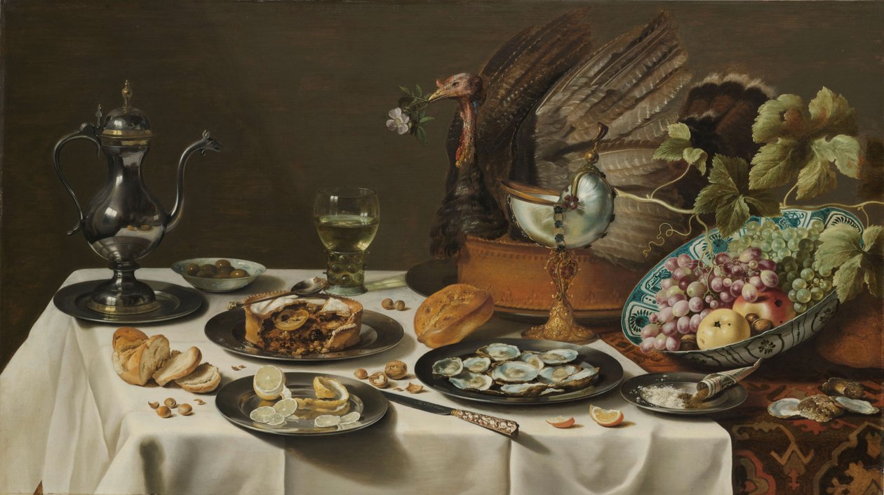 Asetelma kalkkunapiirakan kanssa tekijältä Pieter Claesz