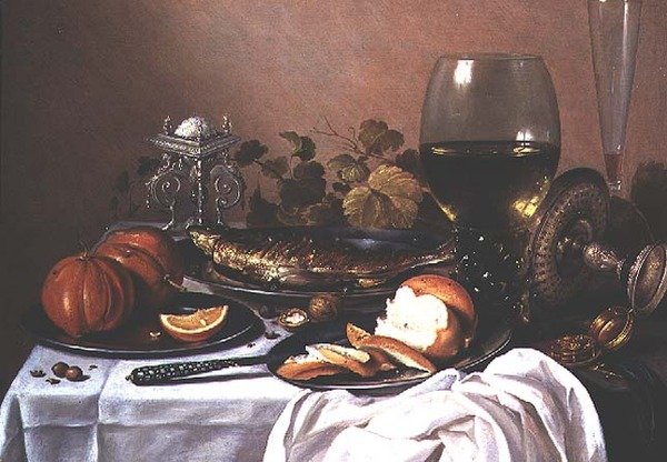 Asetelma makrillin, kurpitsan ja leivän kanssa tekijältä Pieter Claesz