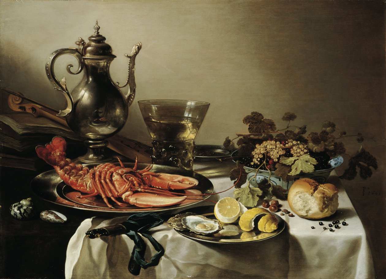 Pöytä hummerilla, hopeakannu, iso Berkemeyer, hedelmäkulho, viulu ja kirjat, 1641 tekijältä Pieter Claesz