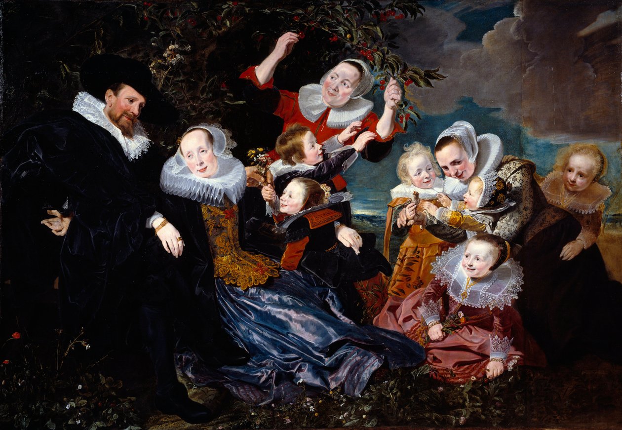 Muotokuva Paulus Van Beresteynistä (1588-1636) vaimonsa, kuuden lapsensa ja kahden neiton kanssa Pieter Soutmanin (1590-1657) maalaus 1630 su. 1,67x2,41 m tekijältä Pieter Claesz Soutman