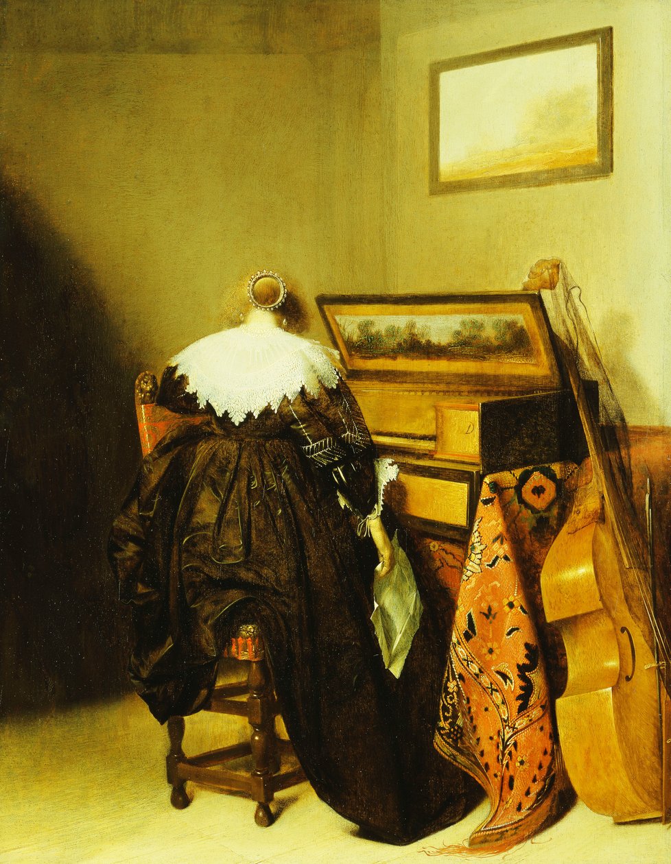 Istuva nainen takaa katsottuna neitsyen edessä, tekijältä Pieter Codde