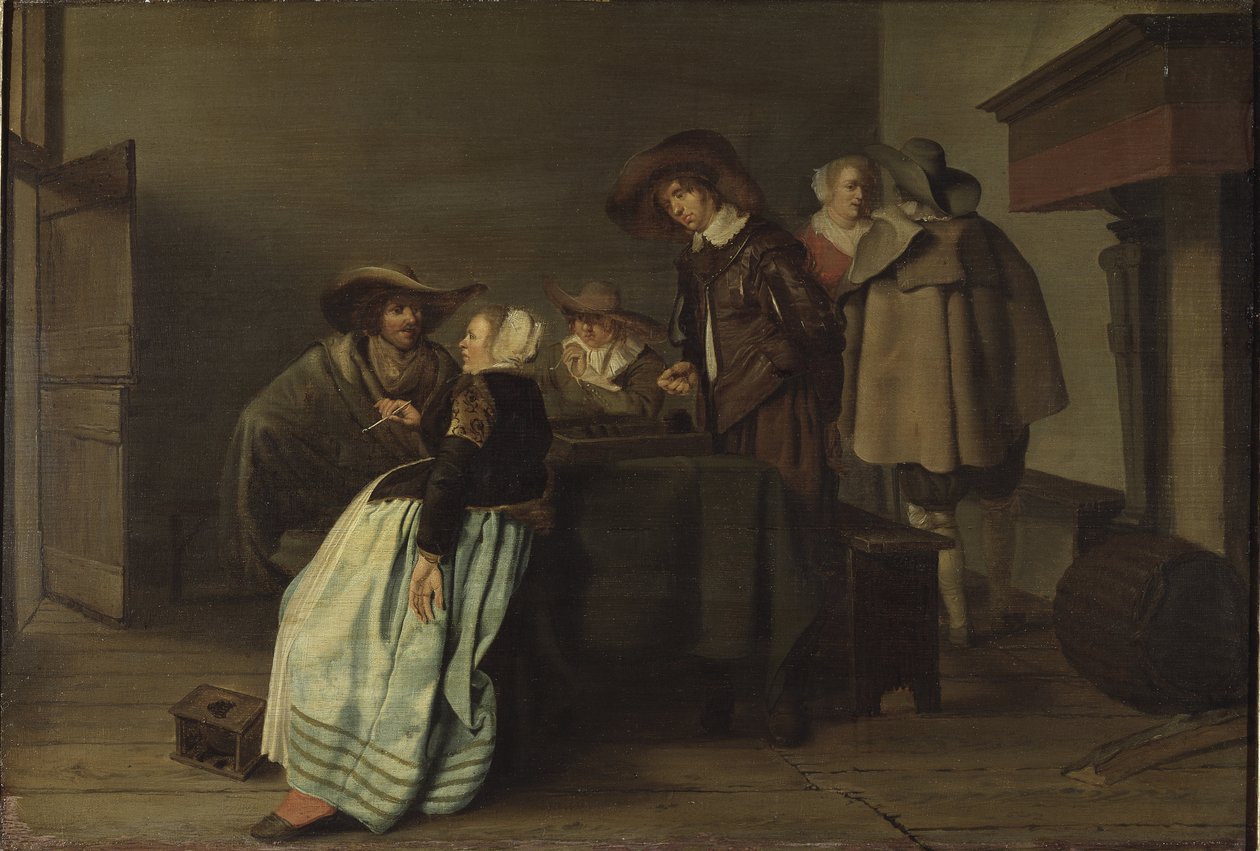 Une keskustelu - Keskustelu, kirjoittanut Codde, Pieter (1599-1678). Öljy kankaalle tekijältä Pieter Codde