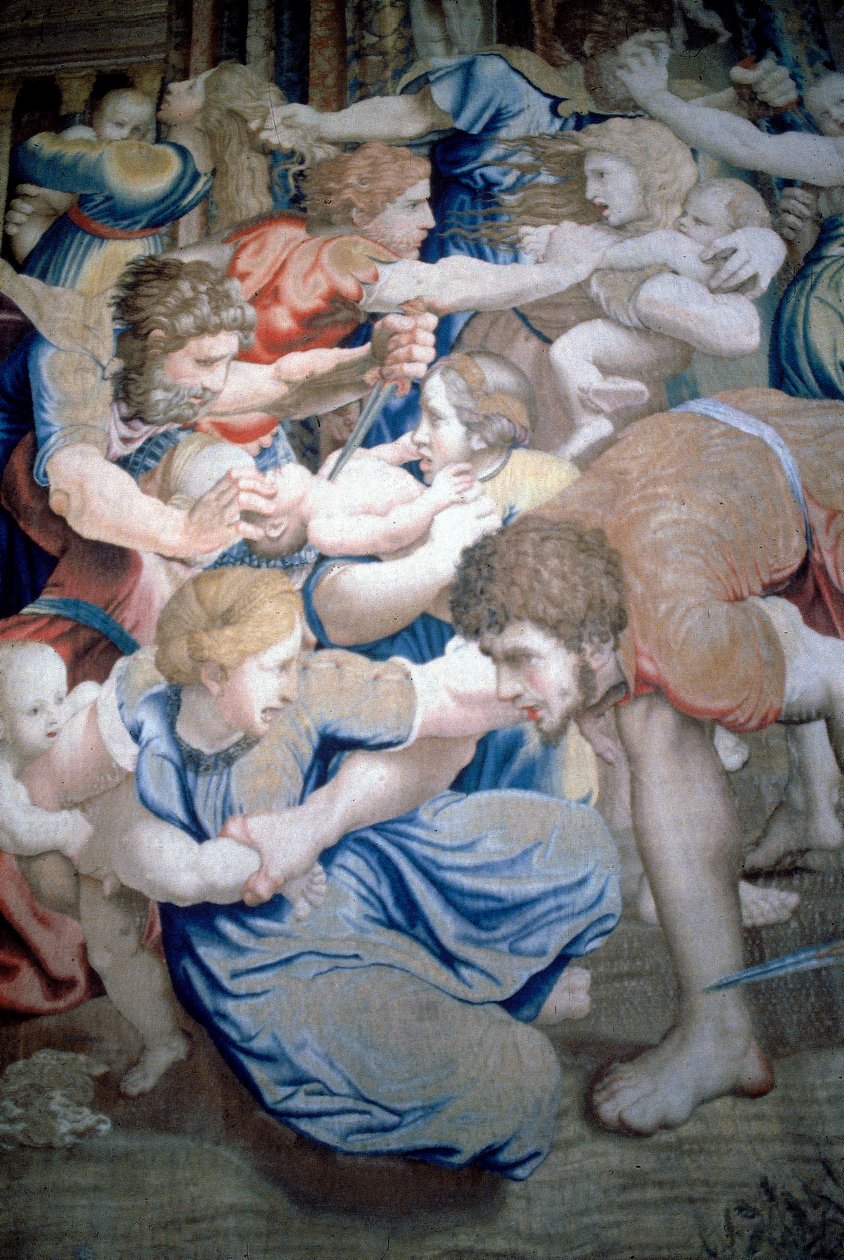 Yksityiskohta viattomien verilöylyä kuvaavasta kuvakudoksesta, n. 1520–1531 (villaa ja silkkiä) tekijältä Pieter Coecke van Aelst