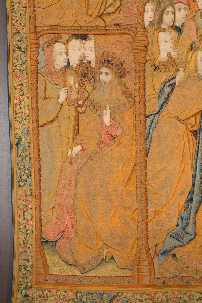 Flanderin kuvakudos. Ilmoitus. Yksityiskohta, n. 1502-04 (kulta, hopea, silkki ja villa) tekijältä Pieter Coecke van Aelst