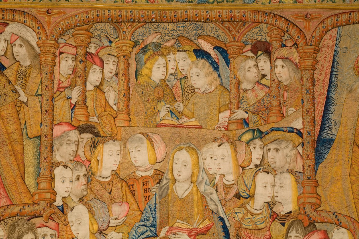 Flanderin kuvakudos. Ilmoitus. Yksityiskohta, n. 1502-04 (kulta, hopea, silkki ja villa) tekijältä Pieter Coecke van Aelst