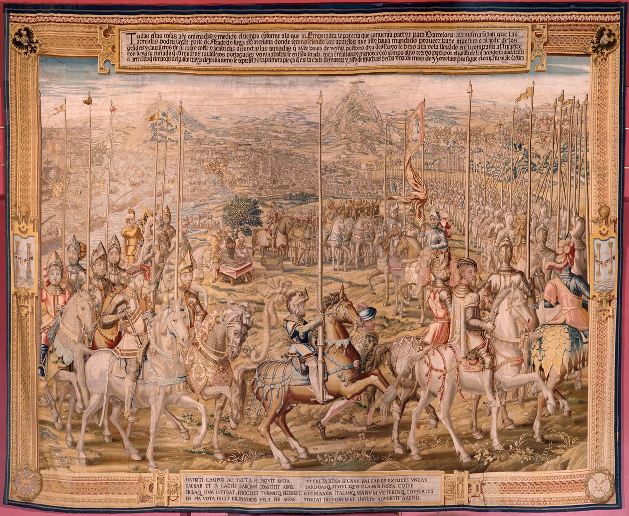Flanderin kuvakudos. Sarja Tunisin valloitus; Barcelonan joukkojen katsaus (La revista de las tropas en Barcelona). Sarjan toinen kuvakudos. Malli Jan Vermeyen ja Pieter Coecke van Aelst. 1543-1548. Valmistus Real Fábrica de Tapices de Sant tekijältä Pieter Coecke van Aelst