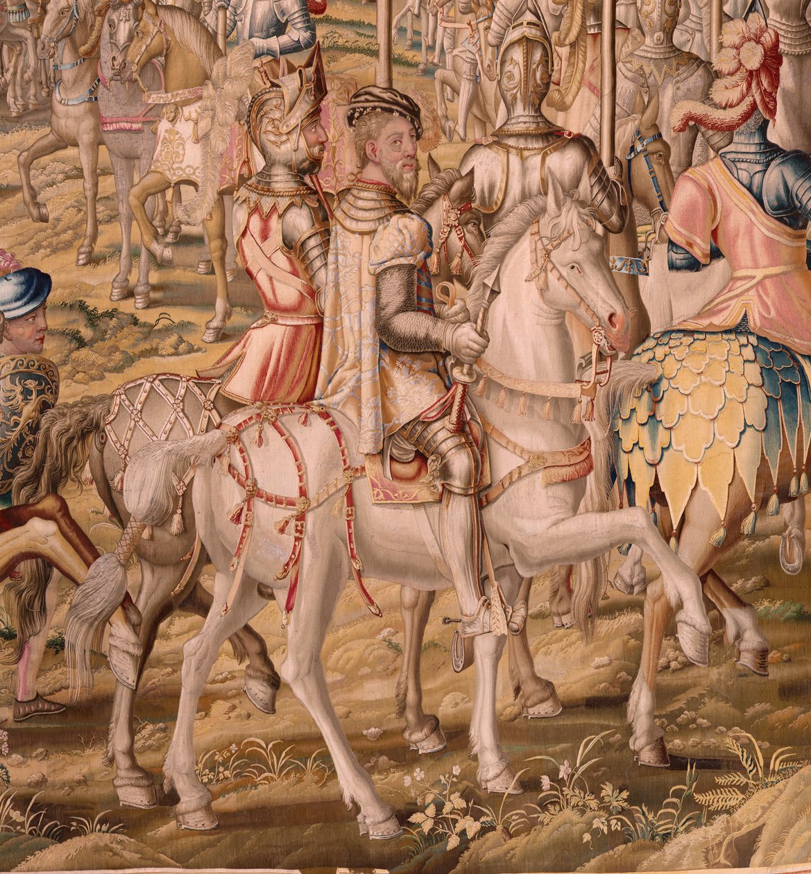 Flanderin kuvakudos. Sarja Tunisin valloitus; Barcelonan joukkojen katsaus (La revista de las tropas en Barcelona). Sarjan toinen kuvakudos. Malli Jan Vermeyen ja Pieter Coecke van Aelst. 1543-1548. Valmistus Real Fábrica de Tapices de Sant tekijältä Pieter Coecke van Aelst