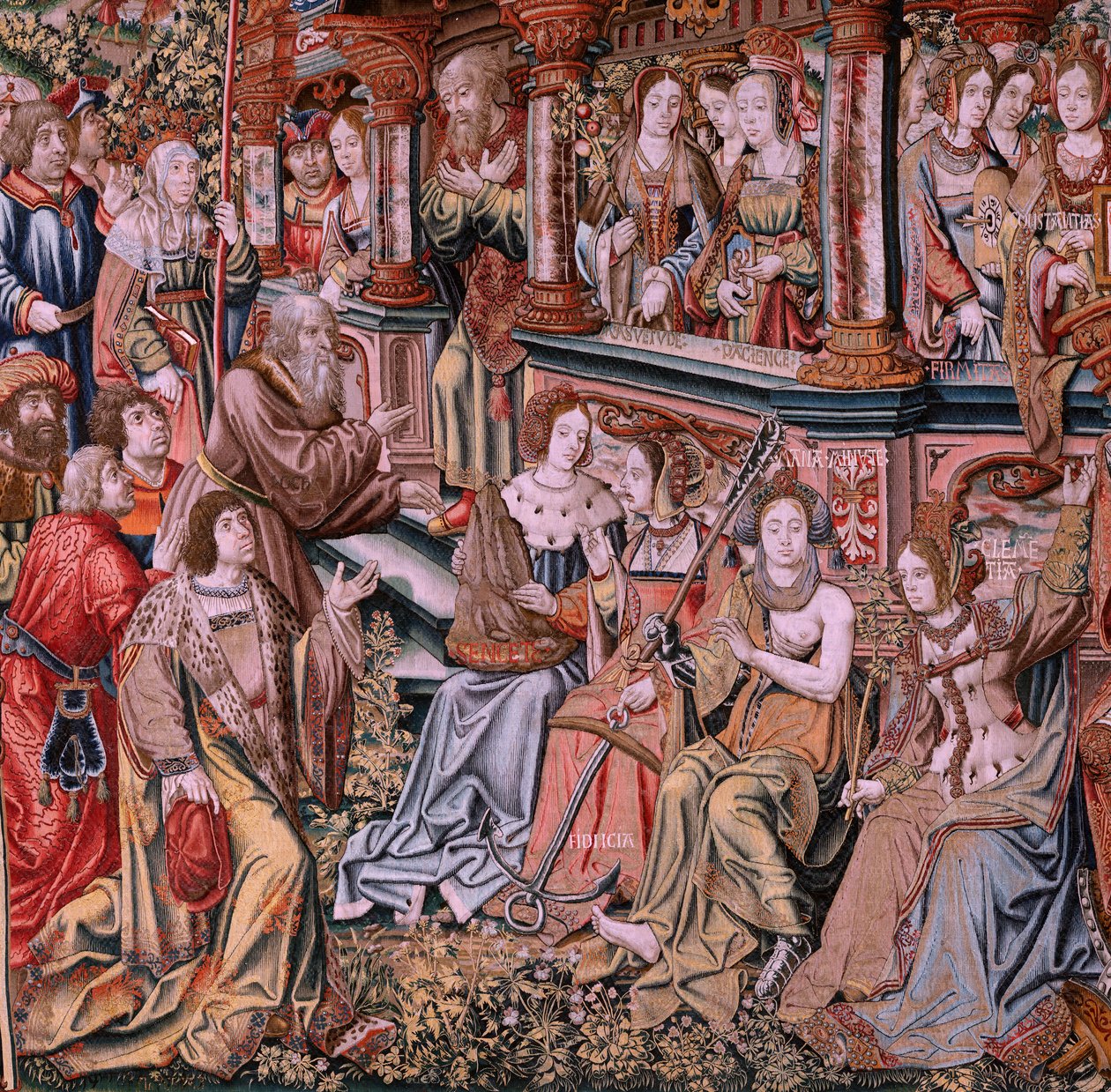 Flanderin kuvakudos. Sarja The Honours. Hyve (La Virtu, El Vicio). Sarjan kahdeksas kuvakudos. Mallisarjakuvapiirtäjät Bernard van Orleyn ja Jan Gossaertin (Mabuse) piiristä. Valmistus Pieter van Aelst, Bryssel. Noin 1550. Kangas Kulta, hopea, silkki a tekijältä Pieter Coecke van Aelst