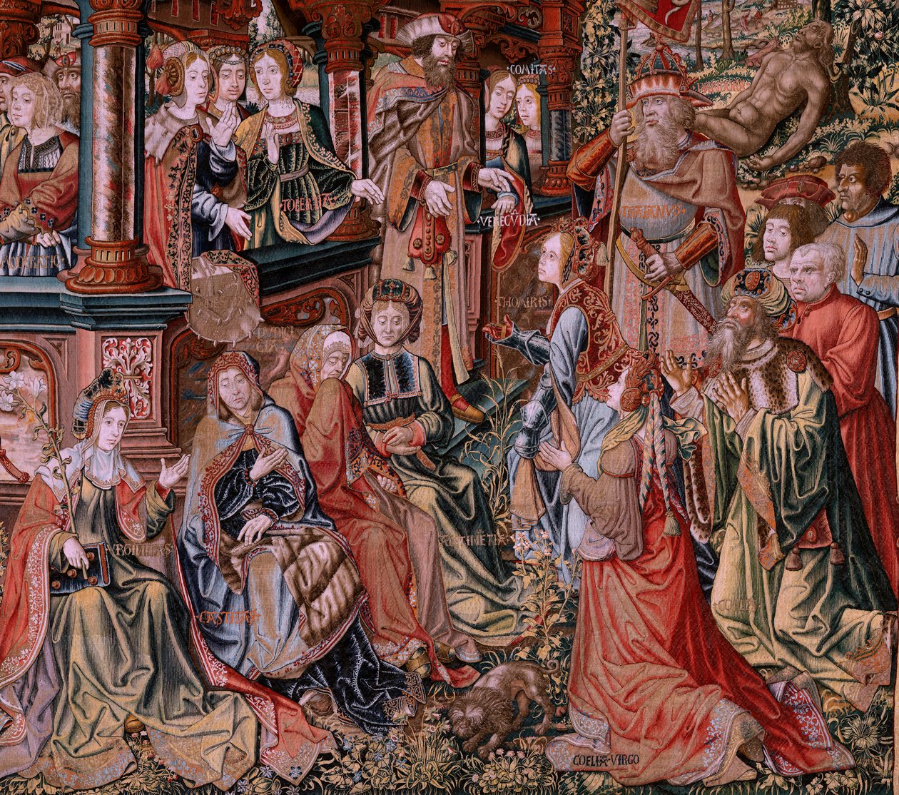 Flanderin kuvakudos. Sarja The Honours. Hyve (La Virtu, El Vicio). Sarjan kahdeksas kuvakudos. Mallisarjakuvapiirtäjät Bernard van Orleyn ja Jan Gossaertin (Mabuse) piiristä. Valmistus Pieter van Aelst, Bryssel. Noin 1550. Kangas Kulta, hopea, silkki a tekijältä Pieter Coecke van Aelst