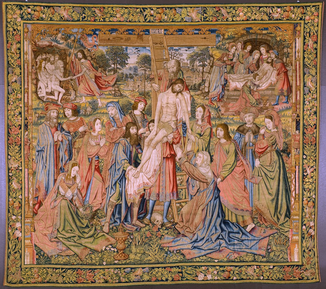 Flanderin kuvakudos. Sarja Kristuksen kärsimys: Laskeutuminen ristiltä (Kruisafneming, Descendimiento de la cruz). Valmistus Pieter van Aelst. Sarjakuvapiirtäjä Jan van Roome. Noin 1507-1520. tekijältä Pieter Coecke van Aelst