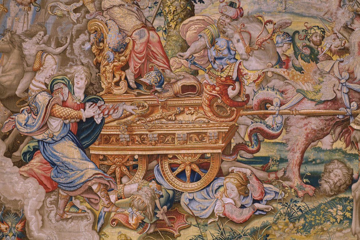Flanderin kuvakudos. Sarja Seitsemän pääsyntiä: Turhamaisuus (ylpeys). Sarjakuvapiirtäjä Pieter Coecke van Aelst. Brysselin ateljee. noin 1542-1544. tekijältä Pieter Coecke van Aelst