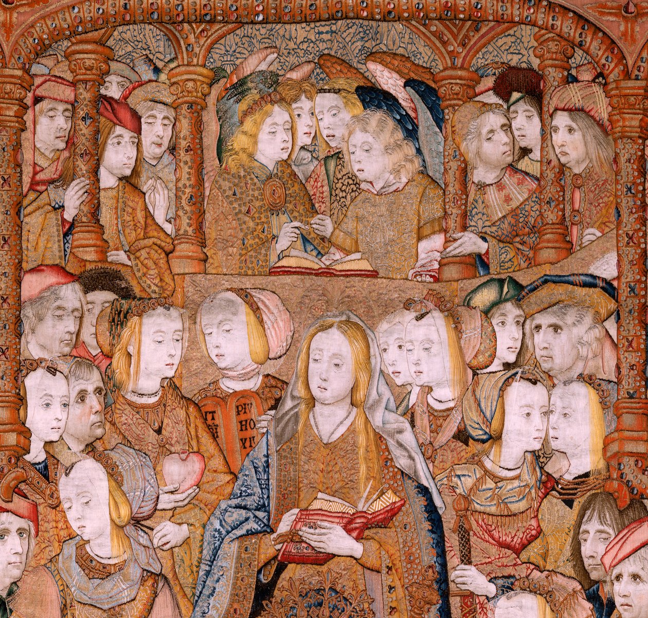 Flanderin kuvakudos. Sarja Triumphs of the Mother tai Paños de Oro. Ilmoitus (La Anunciación). Sarjan toinen kuvakudos. Malli Colin de Cooter (?). Valmistus Pieter van Aelst (tai van Edingen), Bryssel. Noin 1500-1502. Kangas Kulta, hopea, silkki ja wo tekijältä Pieter Coecke van Aelst
