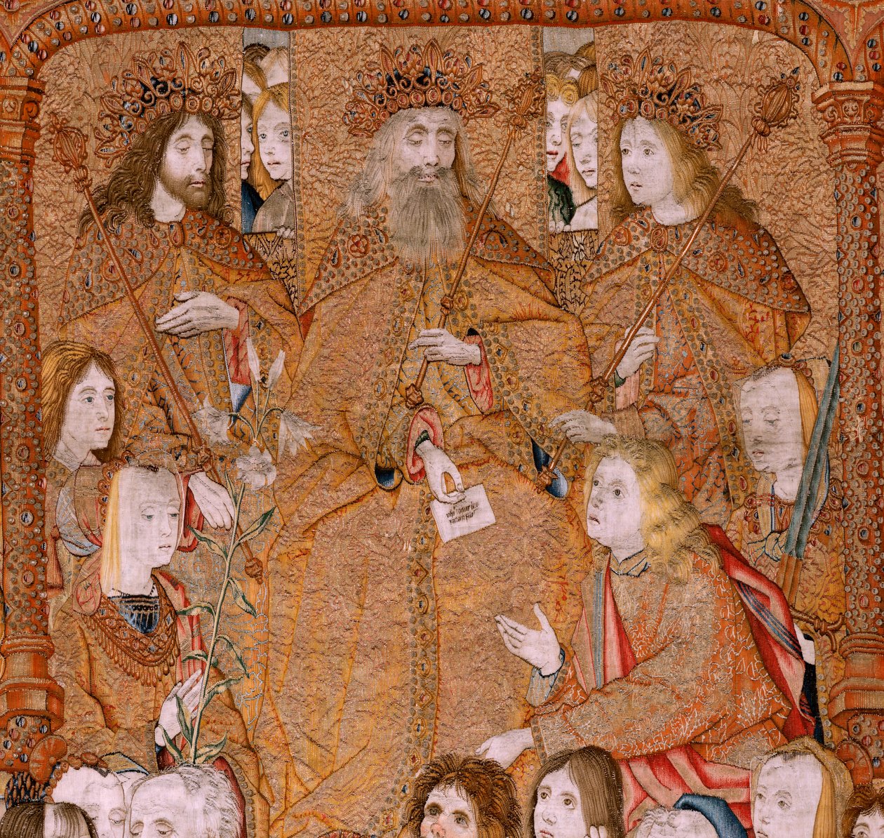 Flanderin kuvakudos. Sarja Triumphs of the Mother tai Paños de Oro. Jumala lähettää arkkienkeli Gabrielin. Ensimmäinen kuvakudos sarjassa. Malli Colin de Cooter(?). Valmistus Pieter van Aelst (tai van Edingen), Bryssel. Noin 1500-1502. tekijältä Pieter Coecke van Aelst